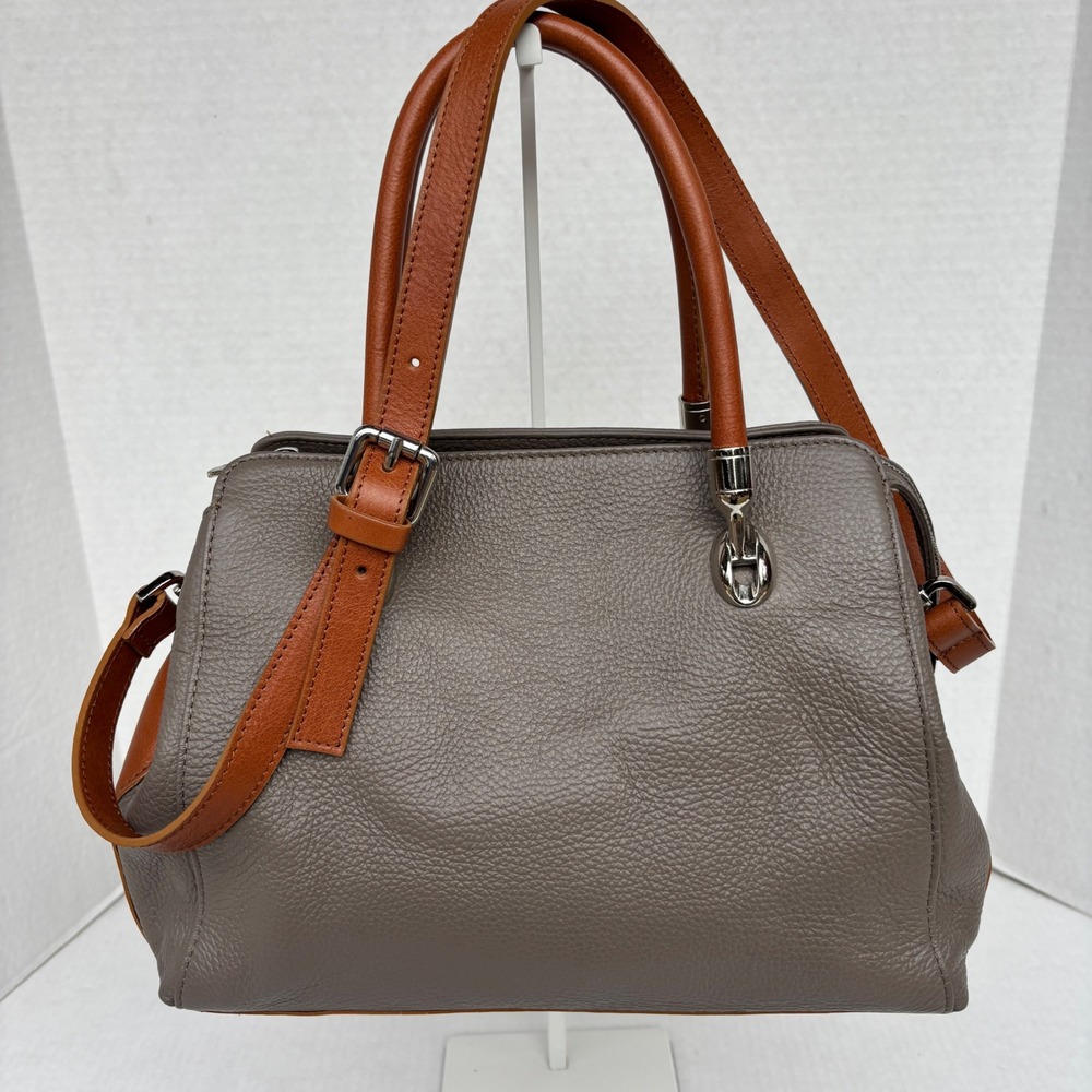 Valentina Italy Pebbled Leather Satchel Bag Taupe Cognac Brown sil Hardware NWOT